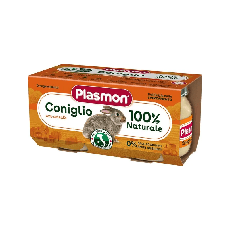 Plasmon Omogeneizzato Coniglio 2 x 80 g, oranje doosje met twee glazen potjes