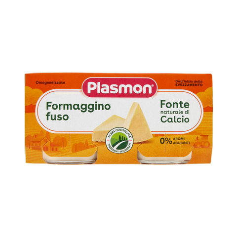 Plasmon Omogeneizzato Formaggino Fuso 2 x 80 g, astuccio arancione con due vasetti di vetro