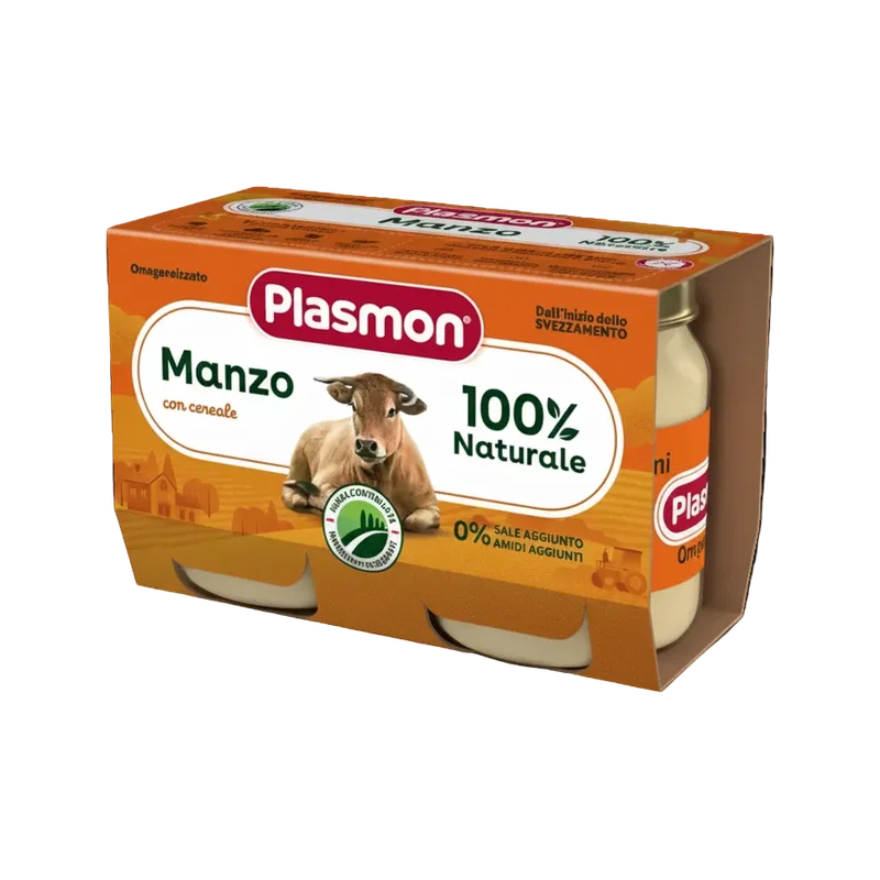 Plasmon Omogeneizzato Manzo 2 x 80 g, oranje doosje met twee glazen potjes