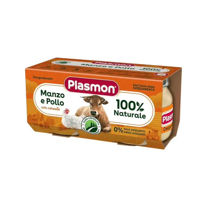 Plasmon Omogeneizzato Manzo e Pollo 2 x 80 g, oranje doosje met twee glazen potjes