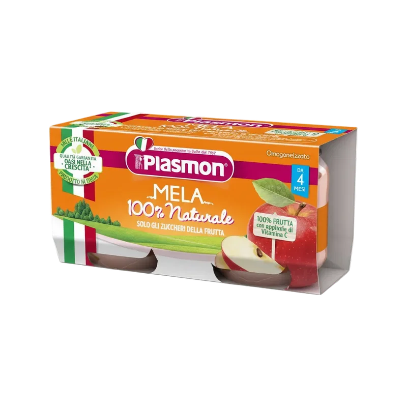 Plasmon Omogeneizzato Mela 2 x 80 g, oranje doosje met twee glazen potjes