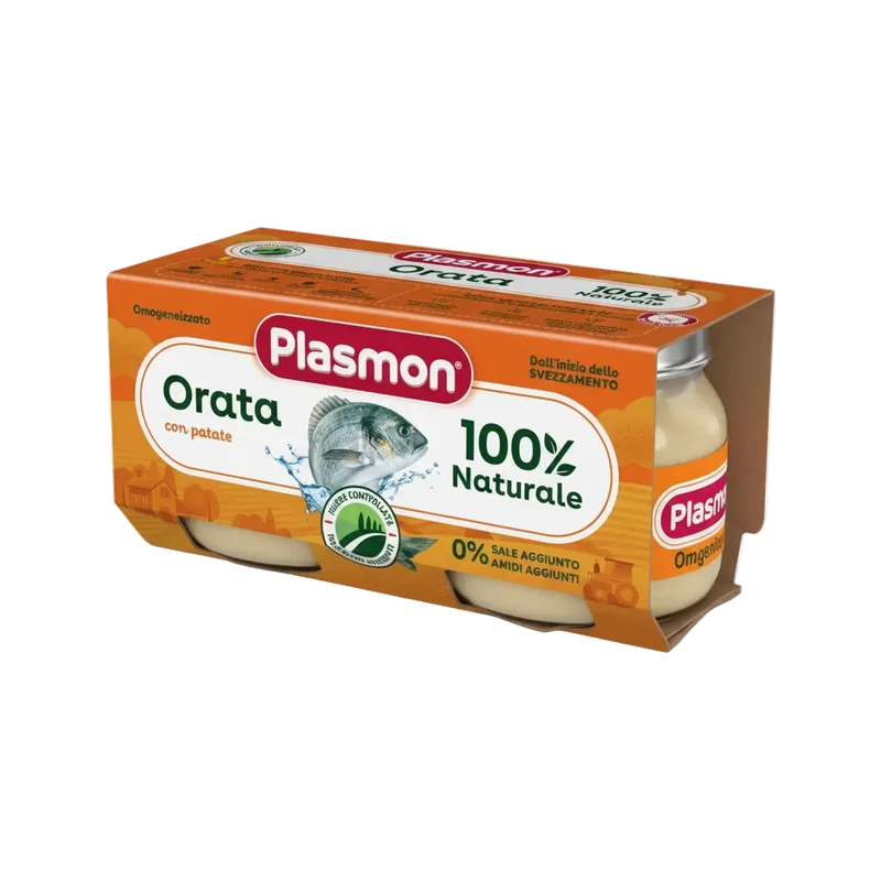 Plasmon Omogeneizzato Orata con Patate 2 x 80 g, oranje doosje met twee glazen potjes