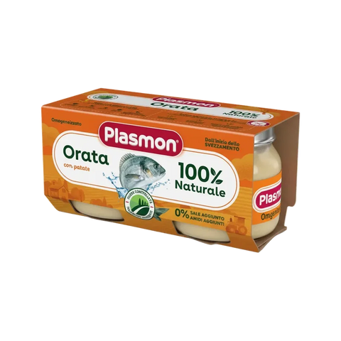 Plasmon Omogeneizzato Orata con Patate 2 x 80 g, astuccio arancione con due vasetti in vetro