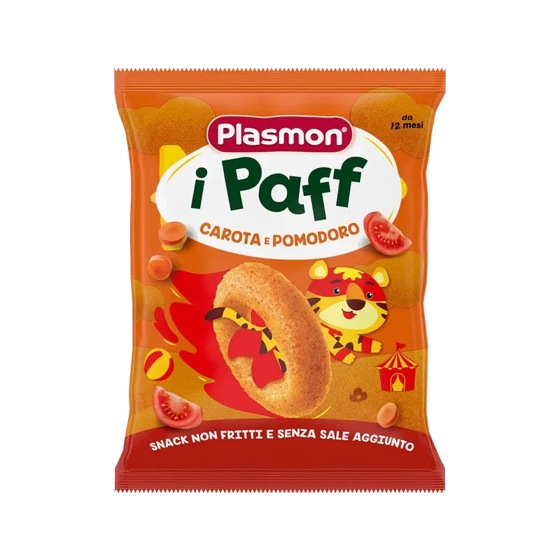 Plasmon i Paff Carota e Pomodoro 15 g, oranje zakje met een luchtig ringetje en het tijgertje
