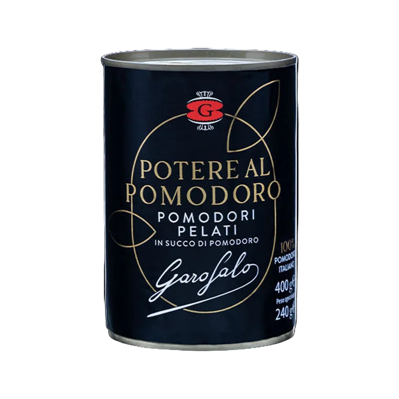 Garofalo Pomodori Pelati 400 g, donkerblauw blik uit de lijn Potere al Pomodoro