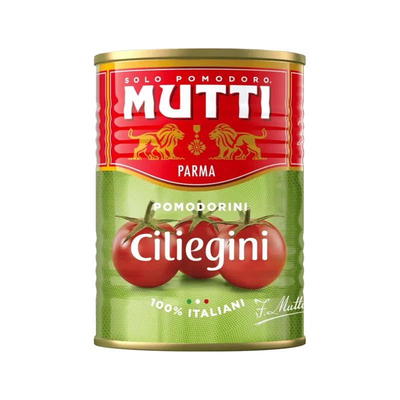 Mutti Pomodorini Ciliegini Rossi 400 g, groen blik met drie kerstomaatjes op het etiket
