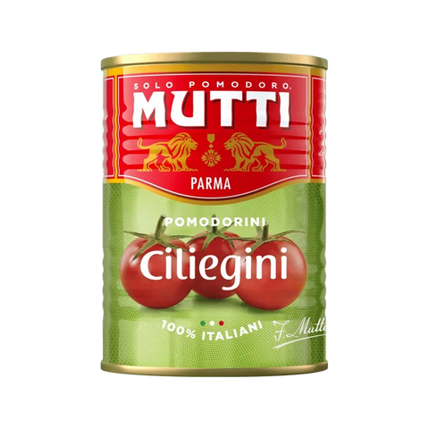 Mutti Pomodorini Ciliegini Rossi 400 g, latta verde con tre pomodorini sull'etichetta