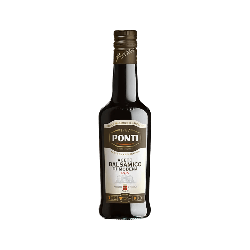 Ponti Aceto Balsamico di Modena IGP 500 ml, donkere fles met ivoorkleurig etiket en bruine band