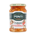 Ponti Champignons alla Pizzaiola, glazen pot met donkergroen etiket en champignonplakjes in tomatensaus