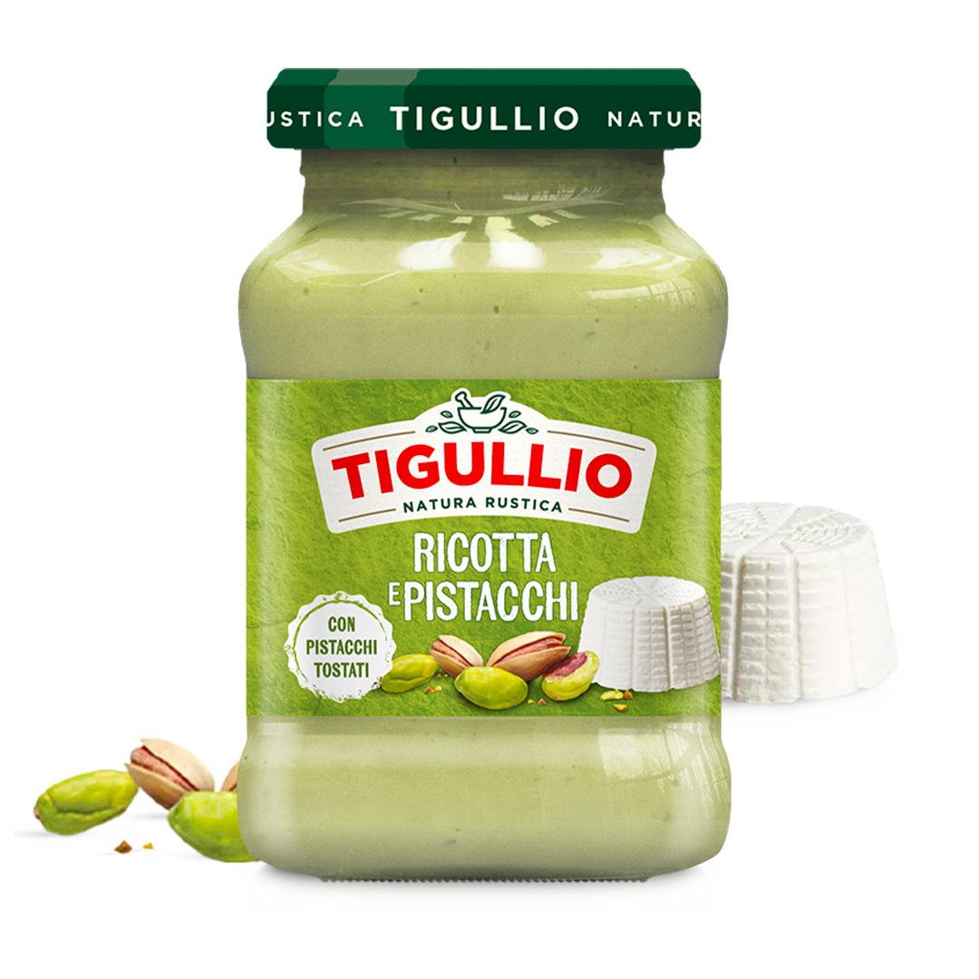 Tigullio Pesto Ricotta e Pistacchi 185 g, glazen potje lichtgroen met geroosterde pistachenoten