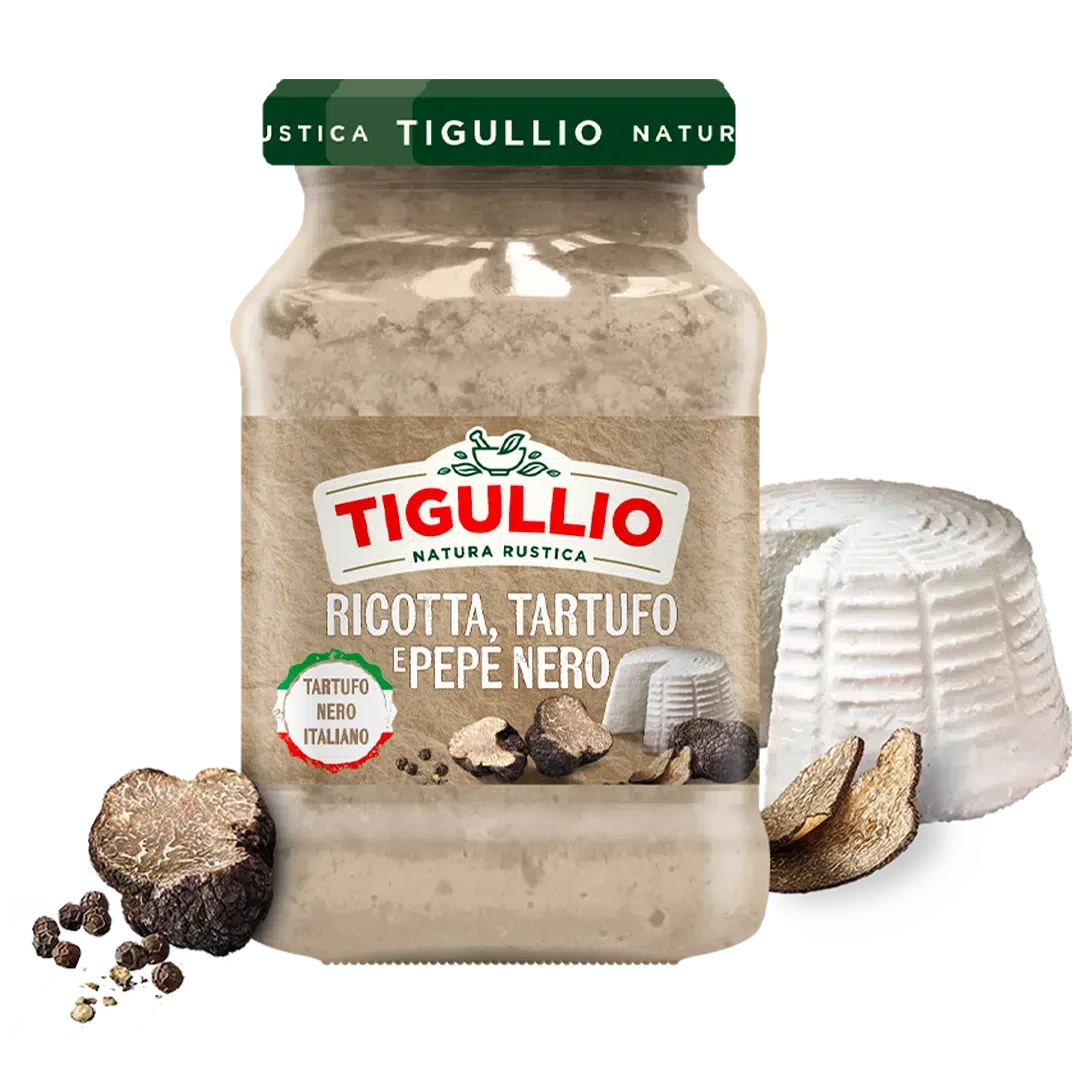 Tigullio Pesto Ricotta, Tartufo e Pepe Nero 185 g, glazen potje met ricotta en zwarte truffel