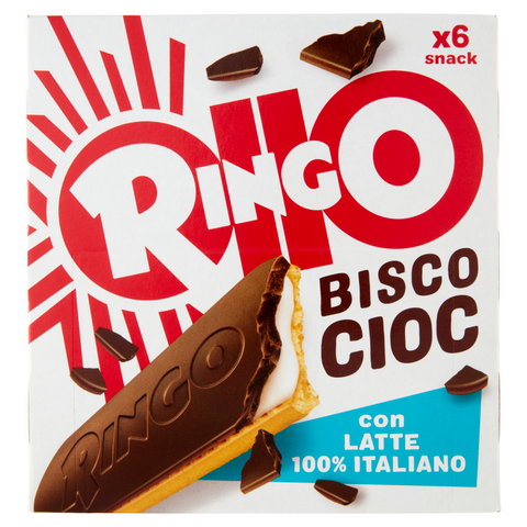 Pavesi Ringo BiscoCioc Latte 162 g, astuccio bianco con 6 snack ricoperti di cioccolato