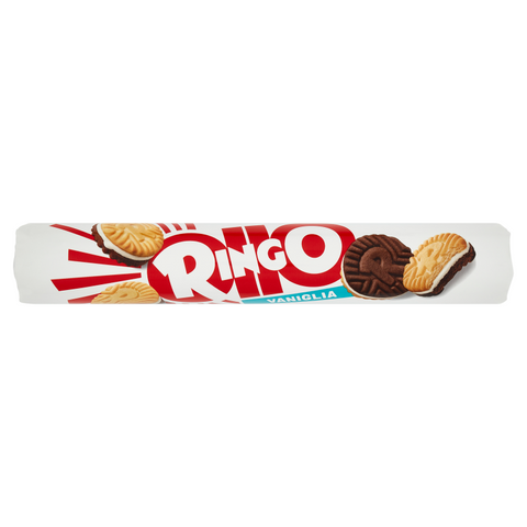Pavesi Ringo Vaniglia 165 g, tubo bianco con fascia azzurra e biscotti farciti