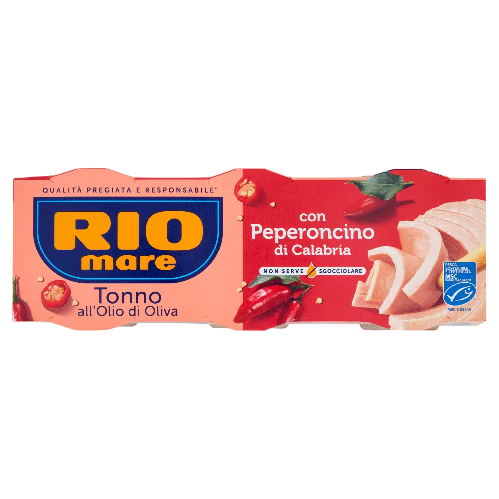 Rio Mare Tonno all'Olio di Oliva con Peperoncino di Calabria 3 x 65 g, astuccio rosso con tre lattine