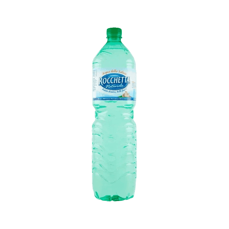 Rocchetta natuurlijk mineraalwater 1,5 L, groene PET fles met blauw wit etiket