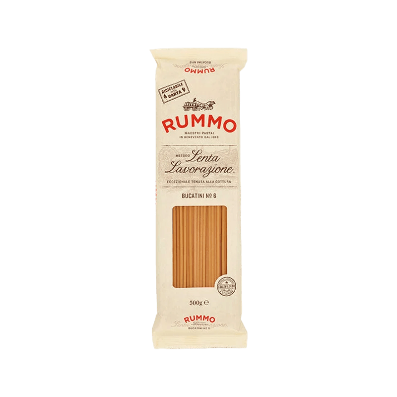 Rummo Bucatini N°6 500 g, ivoorkleurig pak met venster op de holle pasta