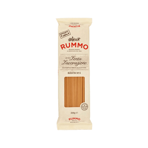 Rummo Bucatini N°6 500 g, pacco avorio con finestra sui bucatini forati