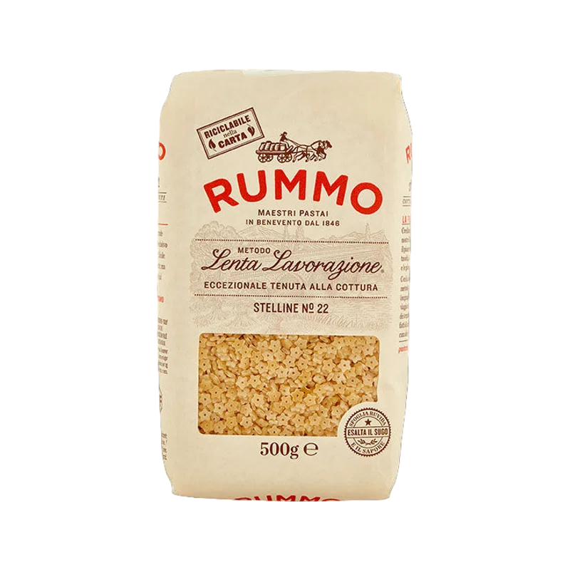 Rummo Stelline N°22 500 g, ivoorkleurige verpakking met venster op de griesmeelsterretjes