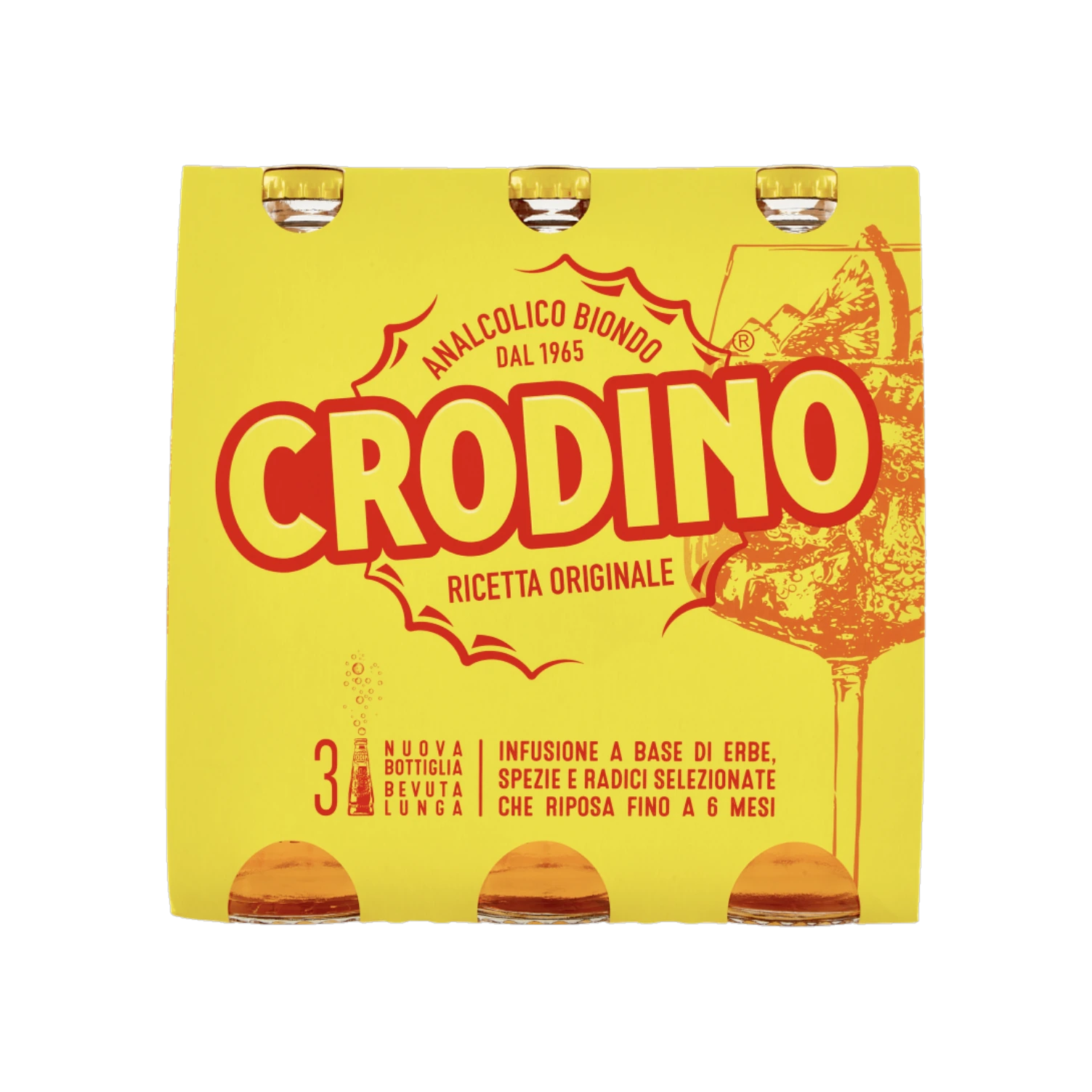 Crodino Biondo alcoholvrije aperitief 3 x 175 ml, gele verpakking met drie flesjes