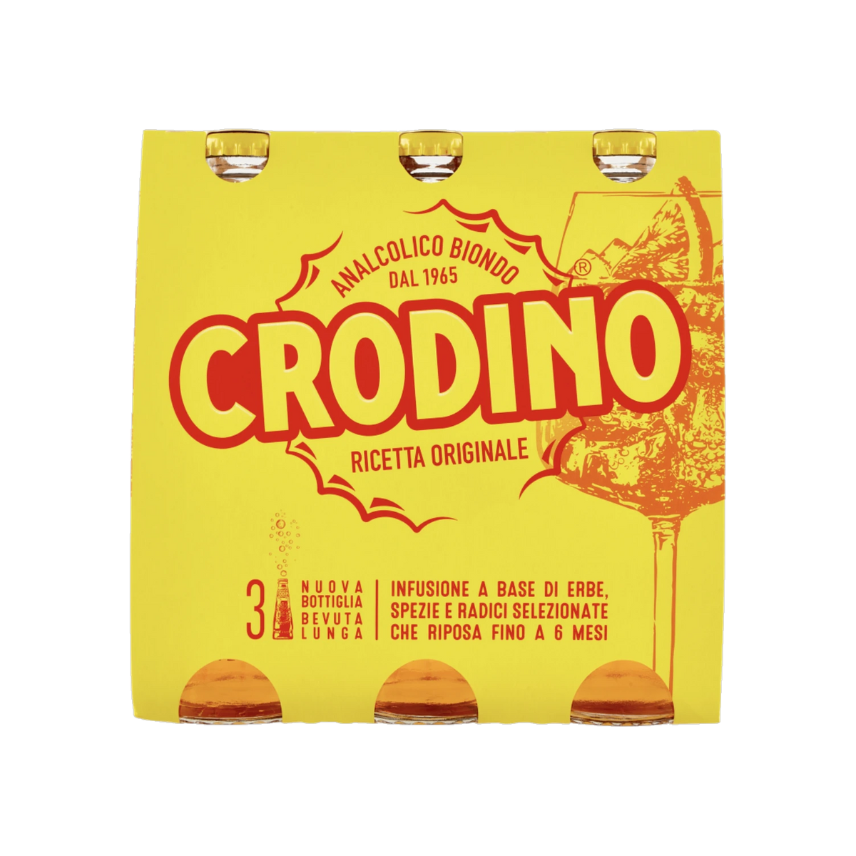 Crodino Biondo alcoholvrije aperitief 3 x 175 ml, gele verpakking met drie flesjes