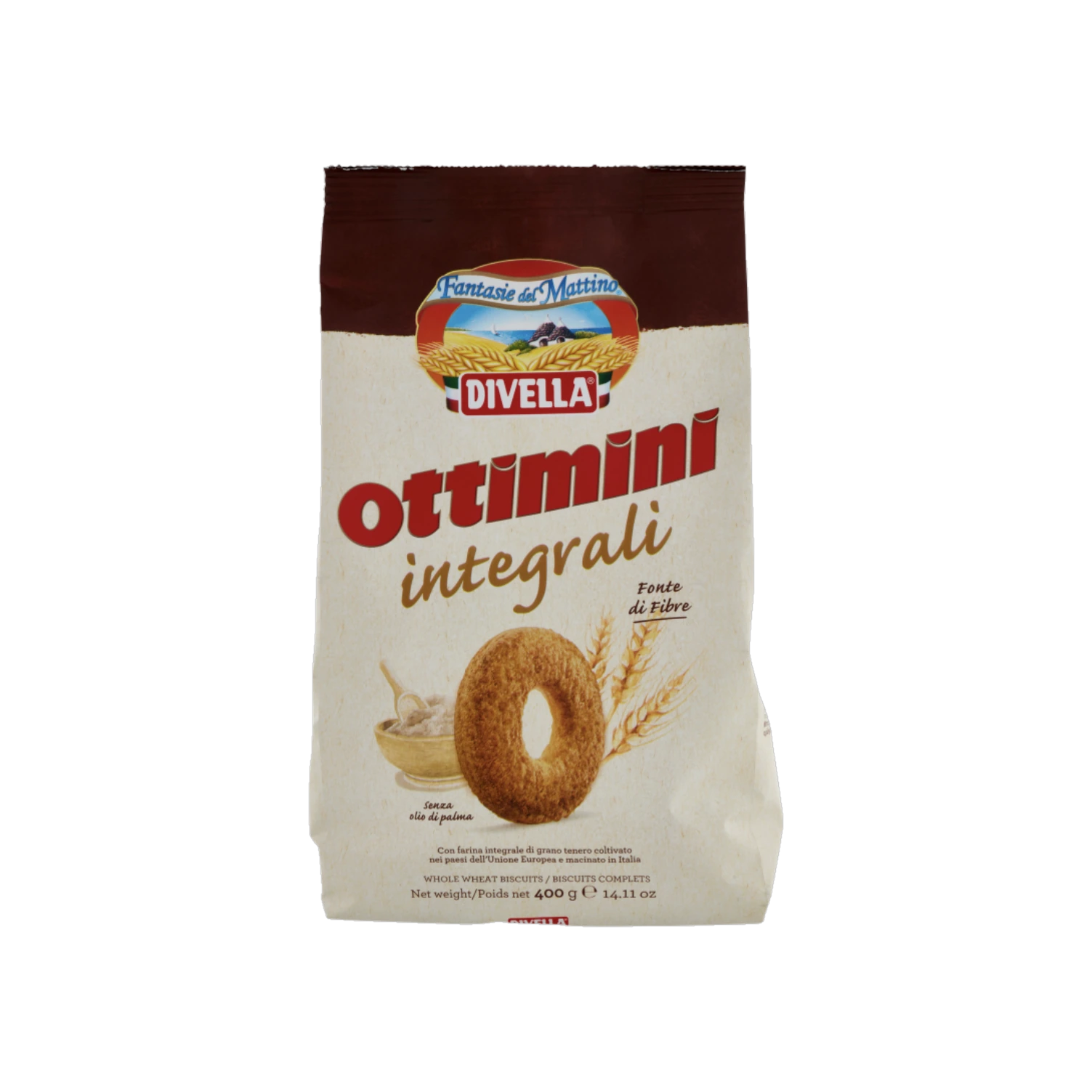 Divella Ottimini Integrali 400 g, sacchetto marrone di biscotti integrali
