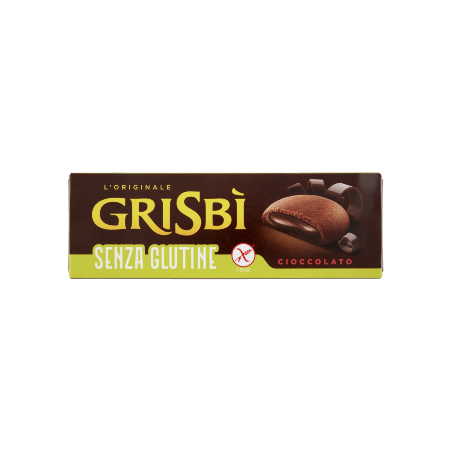 Grisbì glutenvrije koekjes chocolade 150 g, bruin doosje met koekje op de voorkant