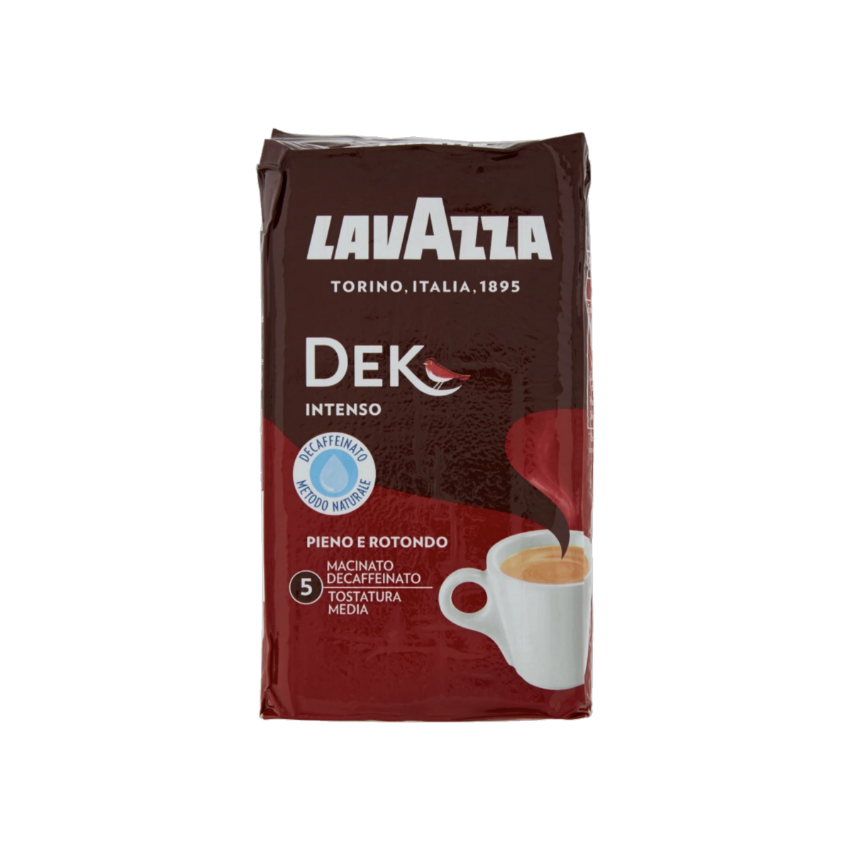 Lavazza Dek Intenso gemalen cafeïnevrije koffie 250 g, donkerrood vacuümpak