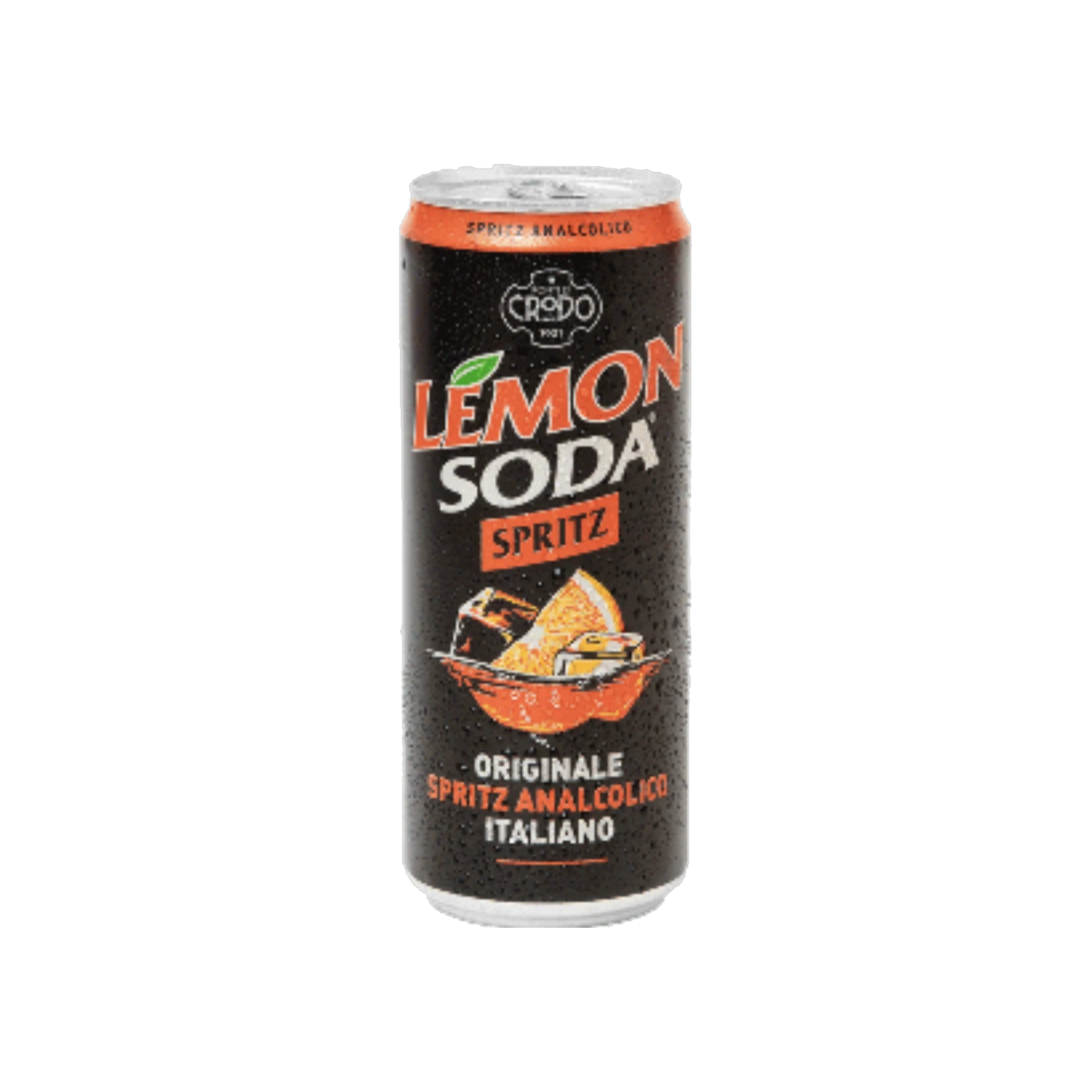 Lemonsoda Spritz alcoholvrij aperitief blikje 330 ml, zwart met oranje aluminium blikje