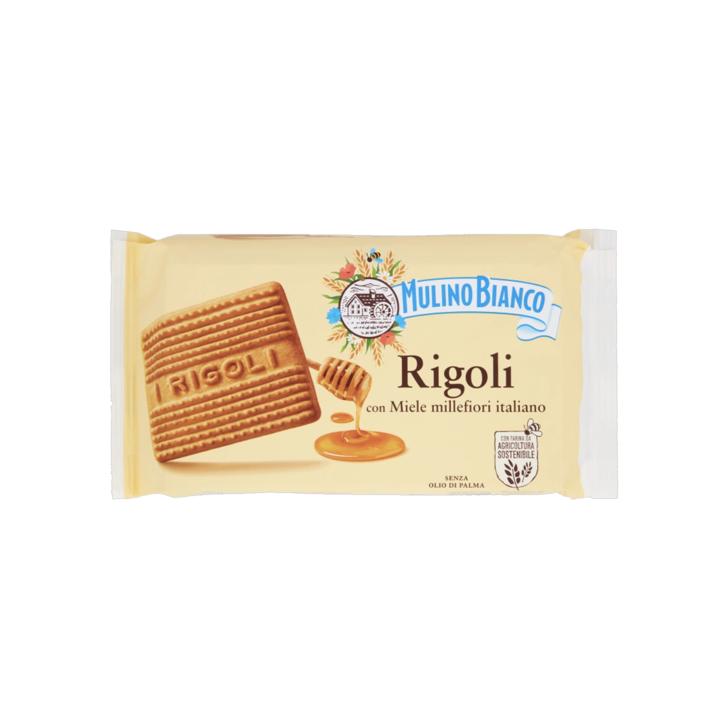 Mulino Bianco Rigoli koekjes 400 g, geel pak met koekjes in beeld