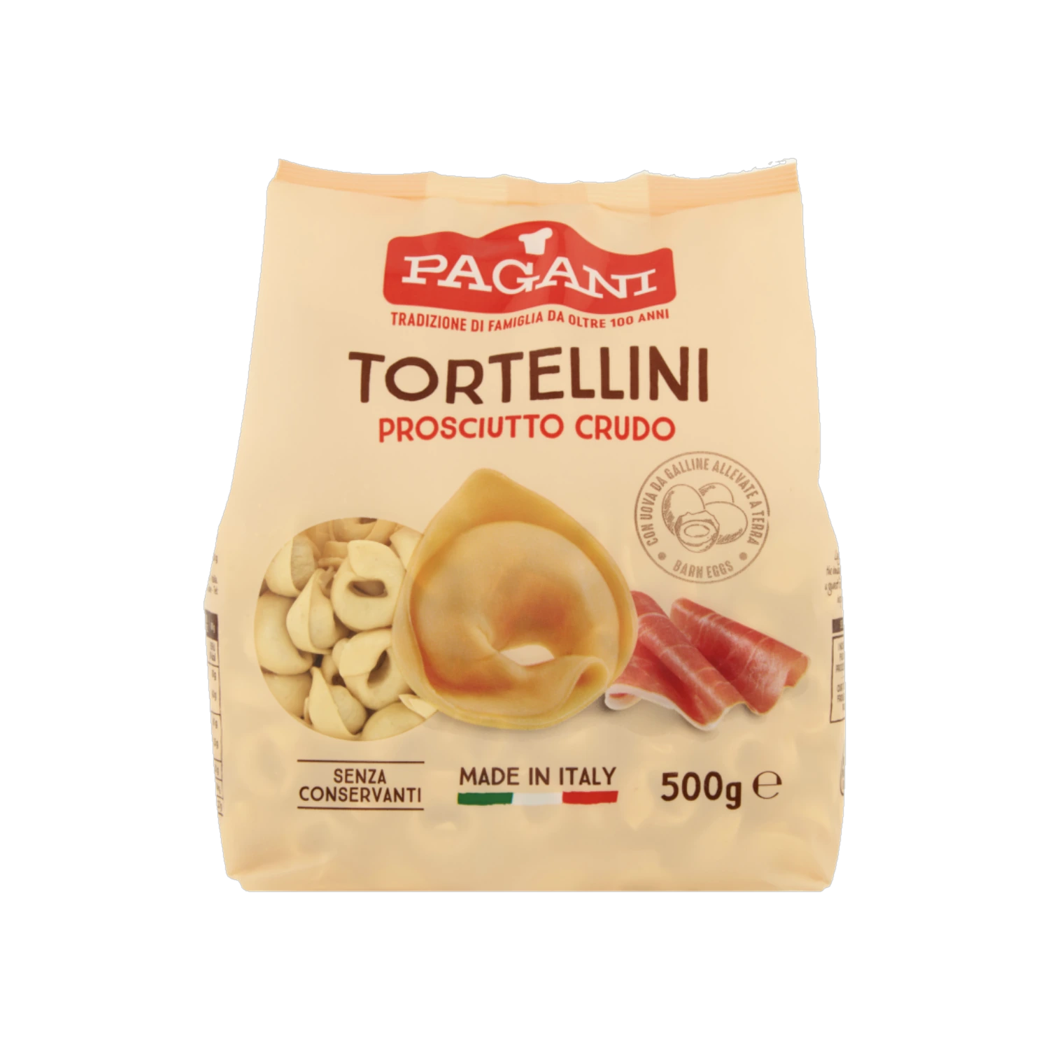 Pagani Tortellini Prosciutto Crudo 500 g, confezione beige di pasta fresca ripiena