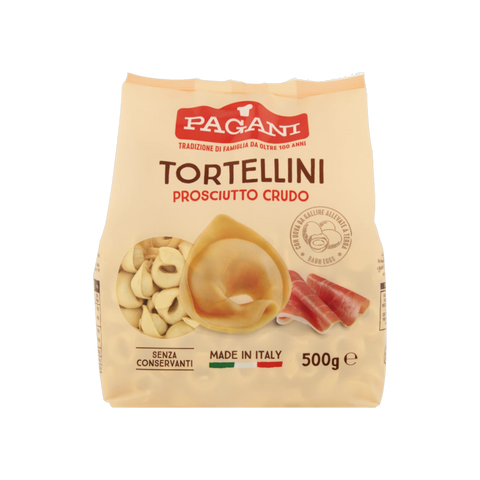 Pagani Tortellini Prosciutto Crudo 500 g, confezione beige di pasta fresca ripiena