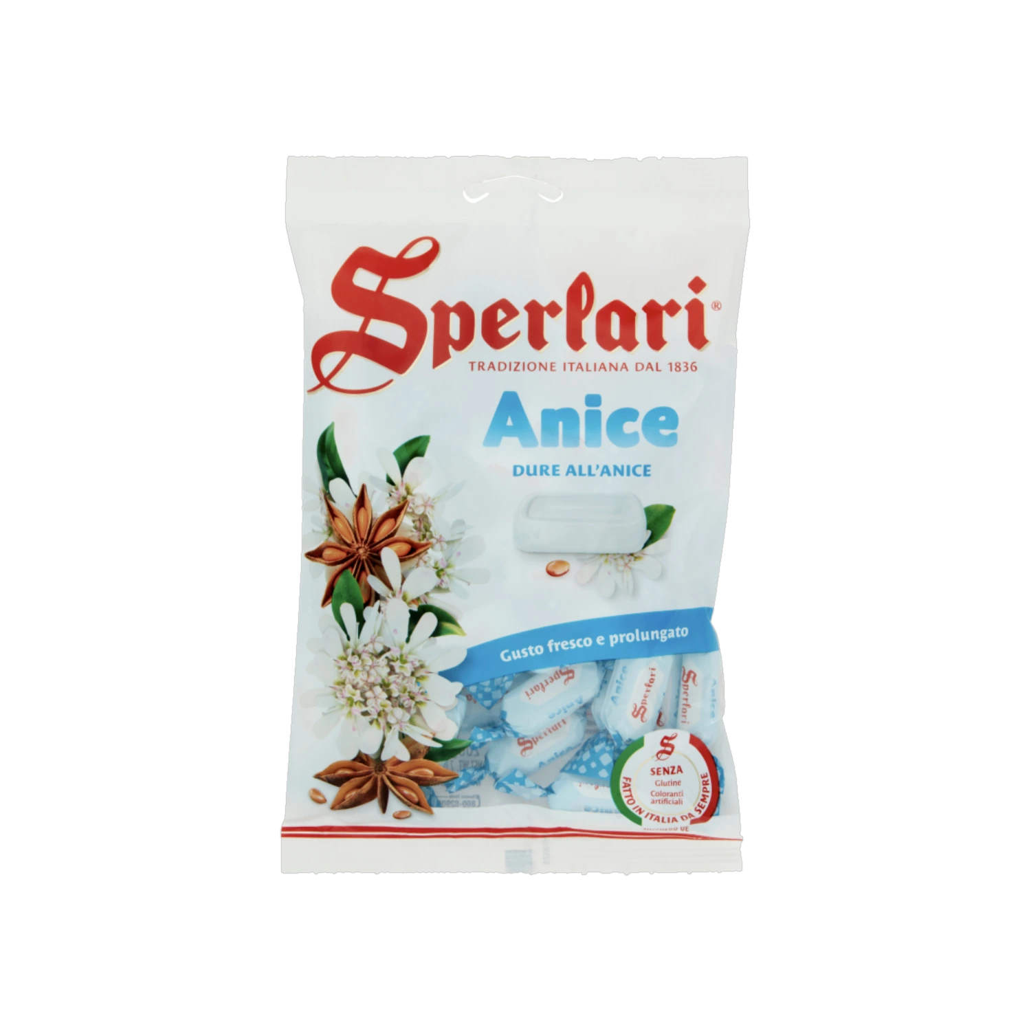 Sperlari Caramelle all'Anice anijssnoepjes 200 g, wit met blauwe zak snoepjes
