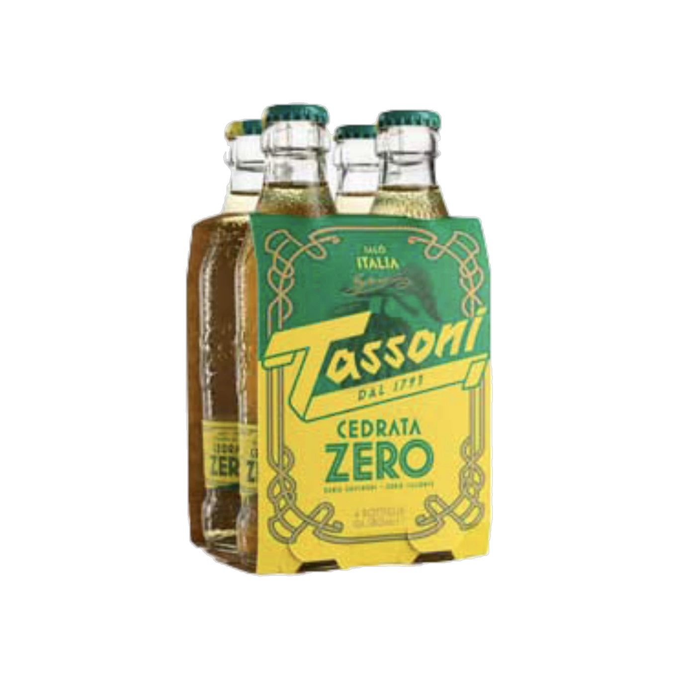 Tassoni Cedrata Zero 4 x 180 ml, confezione gialla da quattro bottigliette in vetro