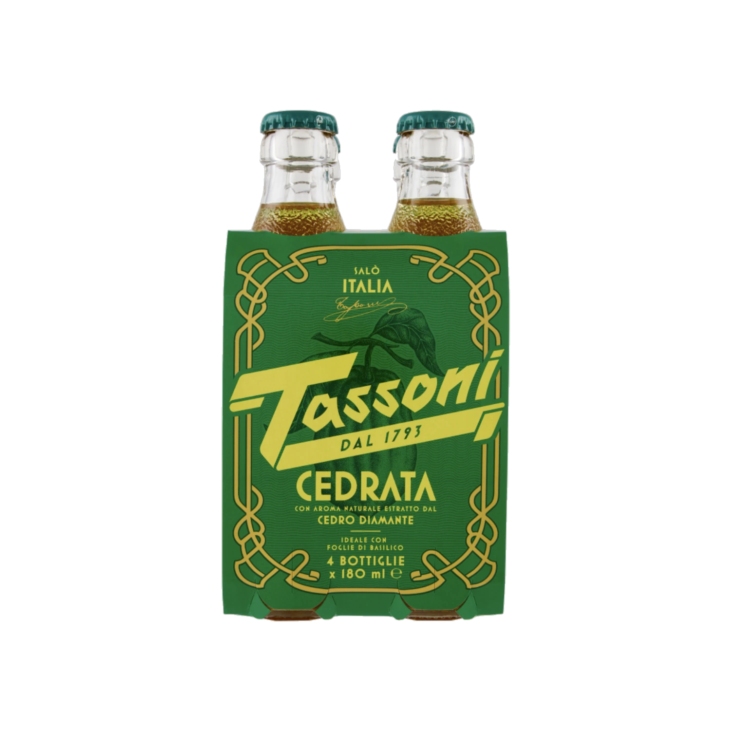 Tassoni Cedrata frisdrank 4 x 180 ml, verpakking met vier glazen flesjes
