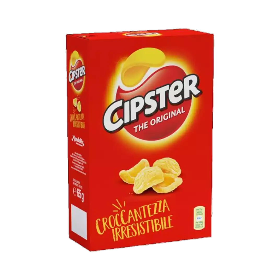Saiwa Cipster The Original 65 g, rood doosje met Cipster logo en aardappelschilfers