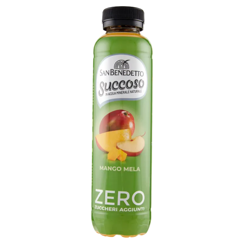 San Benedetto Succoso Zero Mango Mela 400 ml, groene PET fles met mango en appel op het etiket
