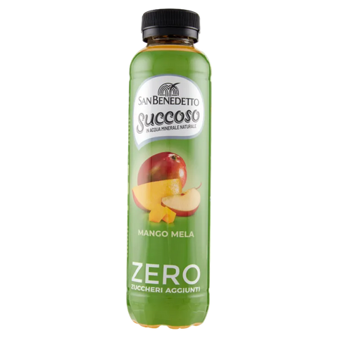 San Benedetto Succoso Zero Mango Mela 400 ml, bottiglia PET verde con mango e mela in etichetta