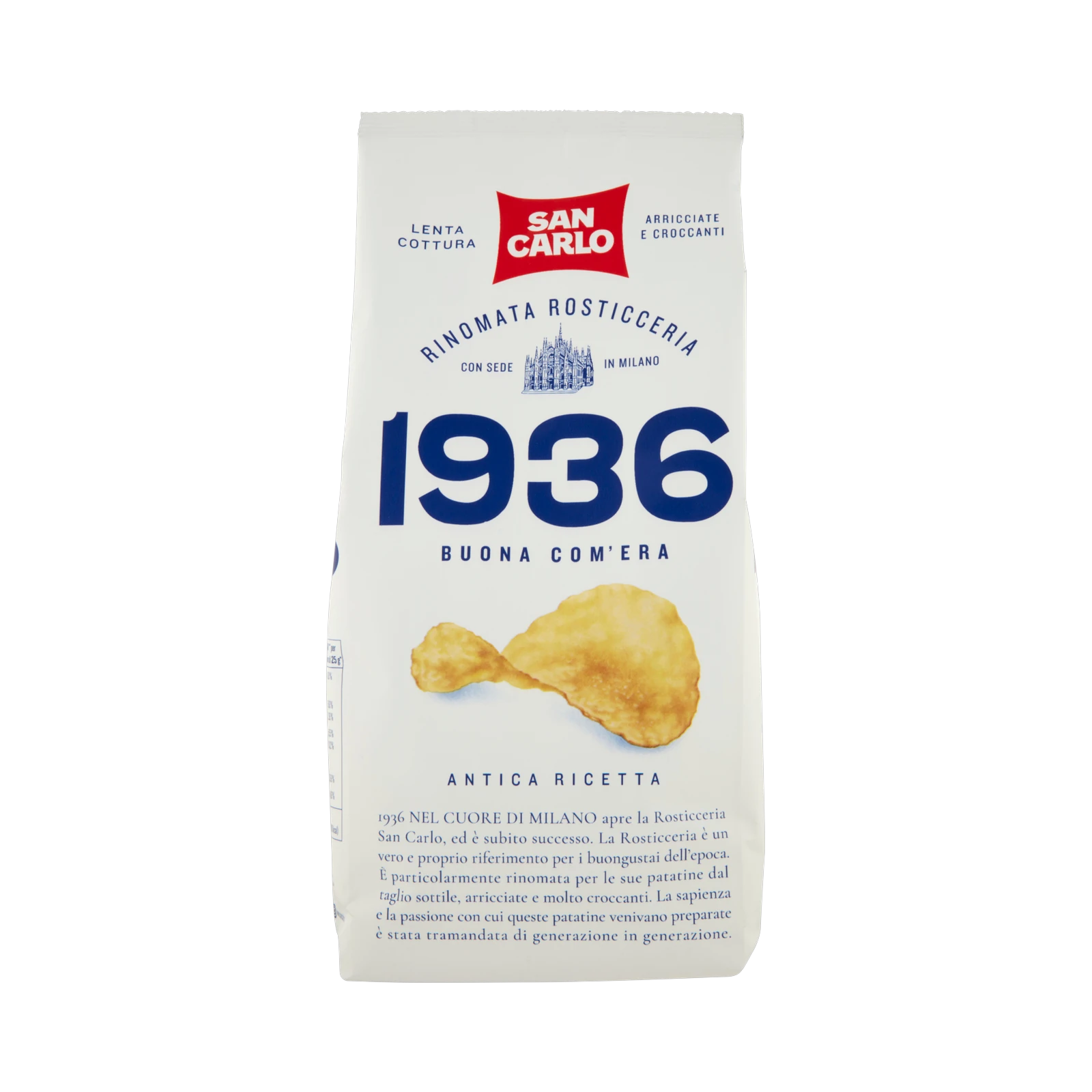 San Carlo 1936 Antica Ricetta chips 150 g, witte zak met blauw logo 1936