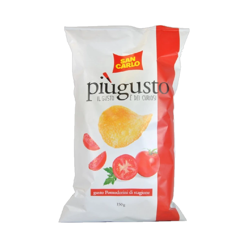 San Carlo Più Gusto Pomodorini di Stagione chips 150 g, witte zak met rode baan en tomaatjes