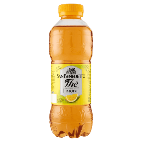 San Benedetto Thè al Limone 500 ml, bottiglia PET con etichetta gialla e spicchio di limone