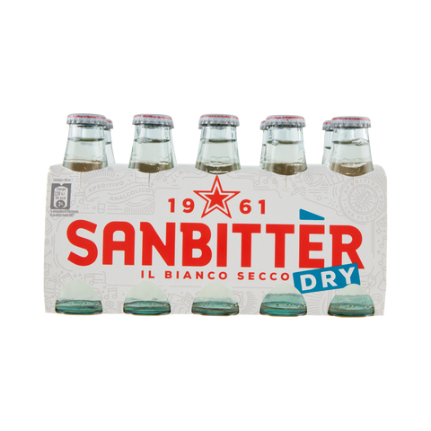 Sanbittèr Bianco Dry 10 x 10 cl, cluster con bottigliette di vetro dell'aperitivo analcolico secco
