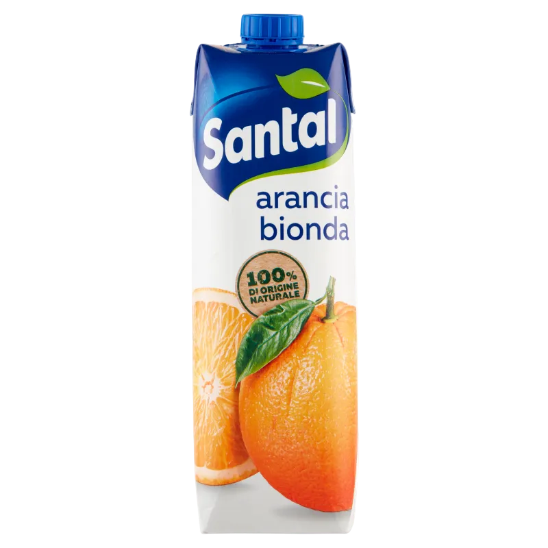 Santal Arancia Bionda 1 L, wit met blauw pak met een hele en een halve sinaasappel
