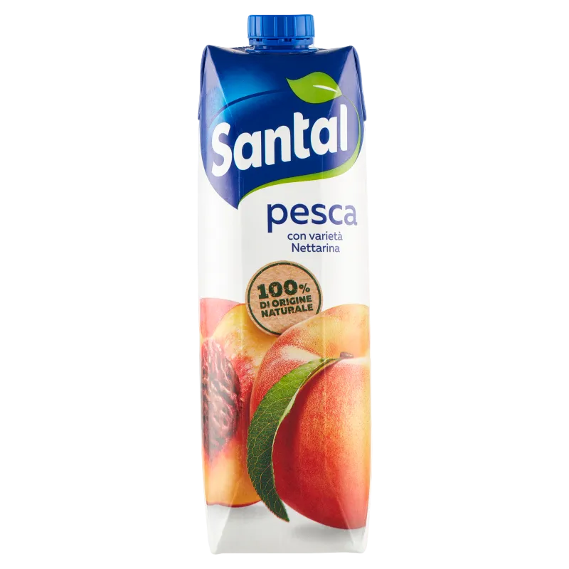 Santal Pesca 1 L, wit met blauw pak met een hele en een doorgesneden perzik