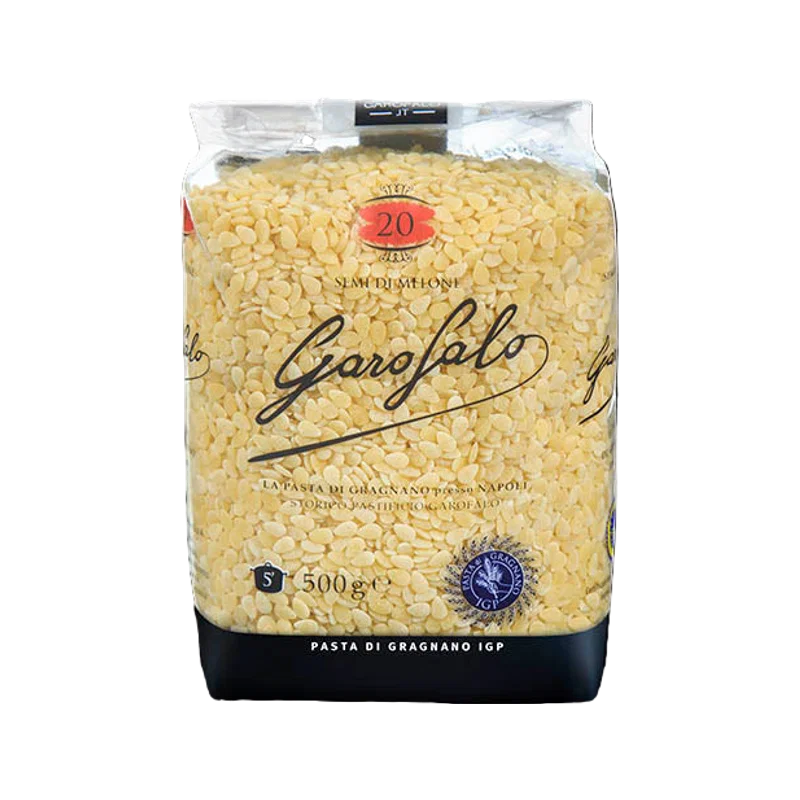 Garofalo Semi di Melone N°20 500 g, transparante zak met rood nummerlabel en Pasta di Gragnano IGP zegel