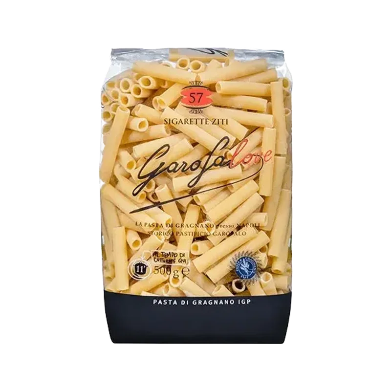 Garofalo Sigarette Ziti N°57 500 g, transparante zak met korte pastabuisjes en zwarte band Pasta di Gragnano IGP