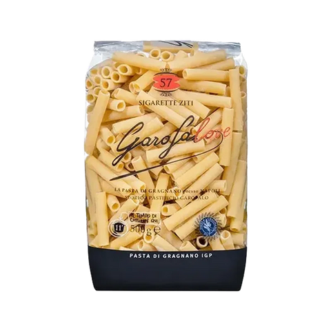 Garofalo Sigarette Ziti N°57 500 g, sacchetto trasparente con pasta corta tubolare e fascia nera Pasta di Gragnano IGP