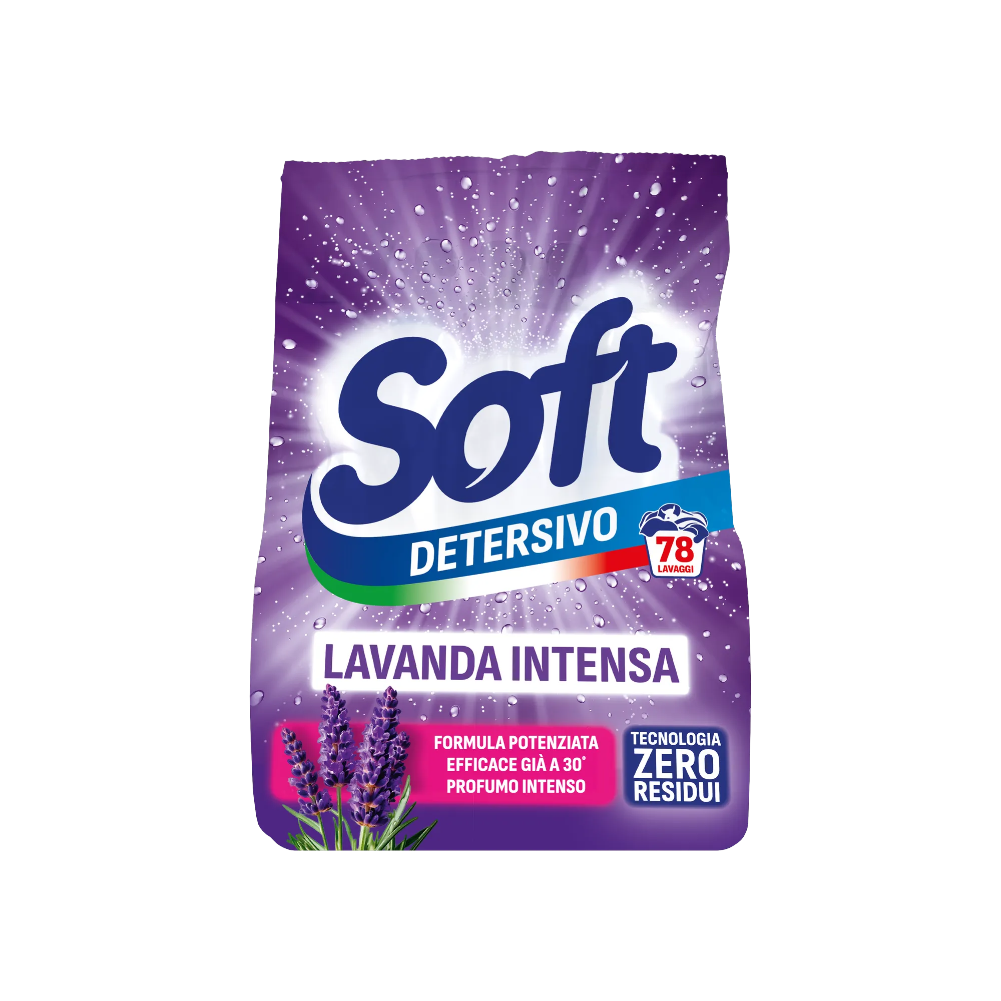 Soft Waspoeder Lavanda Intensa 78 wasbeurten 3,9 kg, paarse zak met handvat en lavendelbloemen