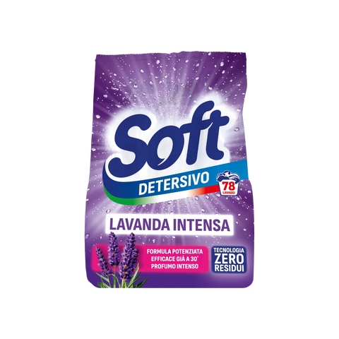 Soft Detersivo in Polvere Lavanda Intensa 78 Lavaggi 3,9 kg, busta viola con maniglia e fiori di lavanda