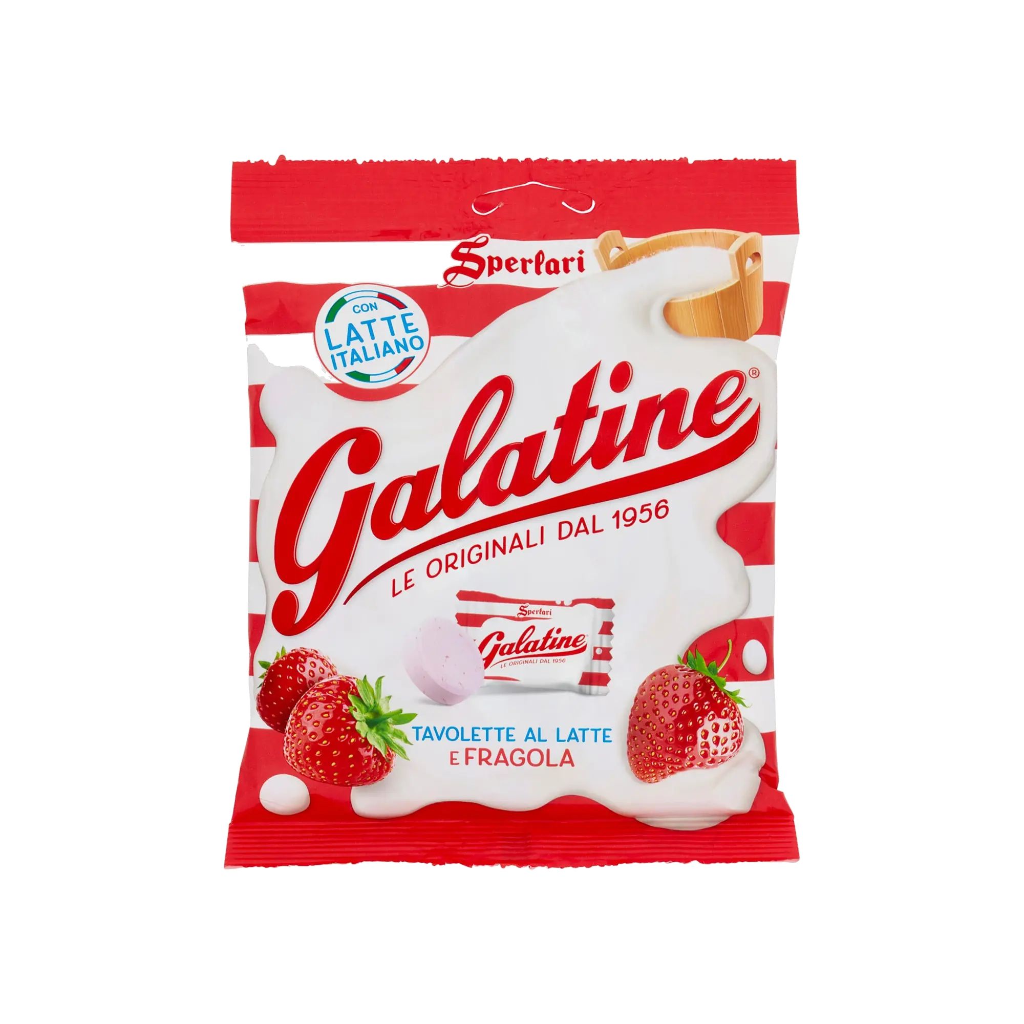 Sperlari Galatine alla fragola tavolette al latte 115 g, busta bianca e rossa con fragole