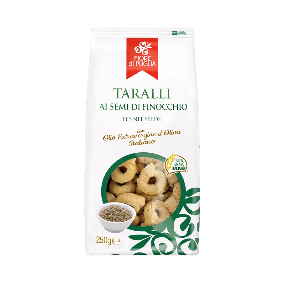Fiore di Puglia Taralli ai Semi di Finocchio met venkelzaad 250 g, verpakking voorkant